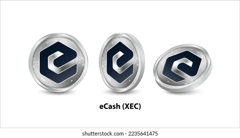 Set of silver eCash (XEC) coin. 3D isometric Physical coins. Digital currency. Cryptocurrency. Silver coin with bitcoin, ripple, ethereum symbol isolated on white background. Vector illustration.