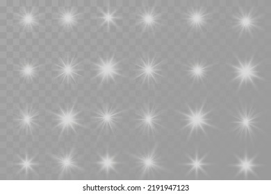 A set of silver effects, an explosion of a star with sparkles and light reflection on a transparent background