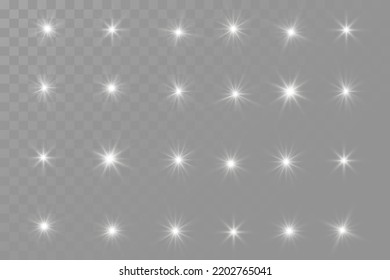 A set of silver effects, an explosion of a star with sparkles and light reflection on a transparent background