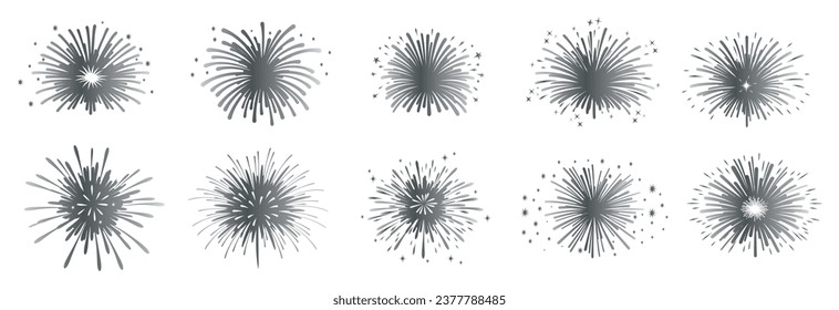 Set of silver firework icons. Fireworks with stars and sparks .Firework simple black line icons