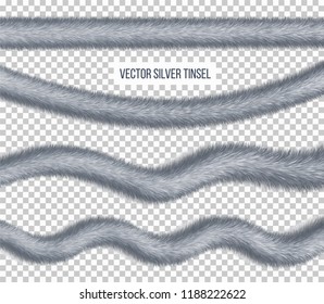 Set of silver fluffy tinsel for decorate, realistic Christmas garland element. Vector illustration 