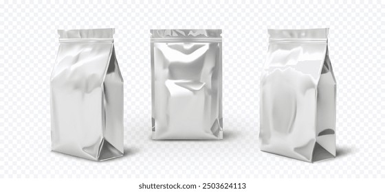 Set bolsas de embalaje de papel de plata, de pie en posición vertical sobre un fondo transparente. El brillo metálico y el diseño simple hacen que estas bolsas sean perfectas para mostrar productos alimenticios, café u otros bienes de consumo.