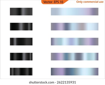 Set of Silver foil texture background. Metal gradient template, foil texture background set. Realistic silver, gradient mesh. Chrome border, iron frame, ribbon, label. High resolution. 