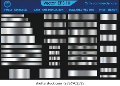 Set of Silver foil texture background. Realistic silver, gradient mesh. High resolution. A set of silver  metallic gradients on a black background. Metallic texture. For your  design and web banner