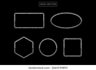 Conjunto de design de quadros prateados. Forma quadrada, redonda, oval vazia. Quadro de estrelas douradas, brilhos e brilho.