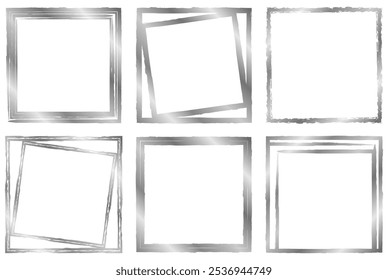 Set of silver frames isolated on white. Vector square frame for text, certificate, pictures, diploma, banner. Old worn frame. Metal texture	