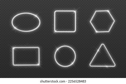 Set of silver frames with lights effects. White shiny glowing frames isolated on black transparent background. Glowing sparkling frames.