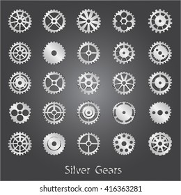 Set of silver gears of a different shapes.
