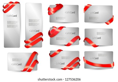 Set of silver Gift cards with color gift bows with ribbons.