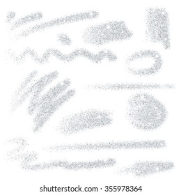 Set Of Silver Glitter Brush Strokes With Sparkles On White Background