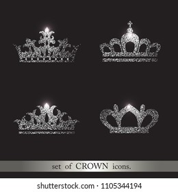 Set of silver glitter crowns. Luxury label, emblem branding. Logo design. Fashion design elements or icons.