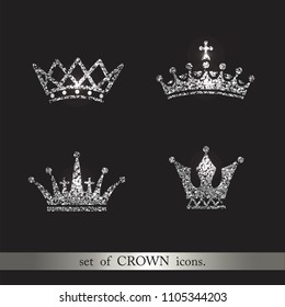 Set of silver glitter crowns. Luxury label, emblem branding. Logo design. Fashion design elements or icons.