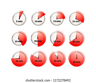 Set of silver glossy clock faces with different minutes values, realistic timers icons on white