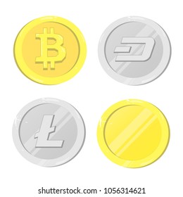 Set of Silver and Gold Bitcoin, Dash, Litecoin. Future technology. Minimalism Flat icon infographic Crypto currency Image Vector isolated.