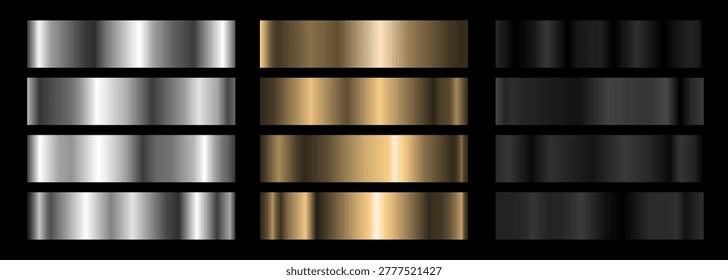 A set of silver, gold and black metallic gradients. Vector collection of metal gradients for chrome button, ribbon, brass metal frame border, label design.