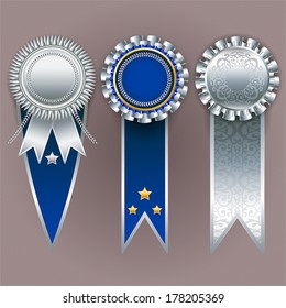 Set of silver, gold and blue badges with ribbons. Vector champion medals. 