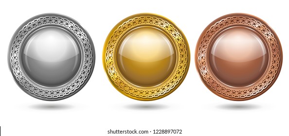 Set of silver, gold and bronze insignias. Badges collection. Label template on white background.   Blank medals set. Blank of coins. Vector illustration