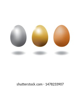 Set of silver, gold and brown chicken eggs. Isolated on white background with shadow. Ready to use for your design or business. Vector illustration.