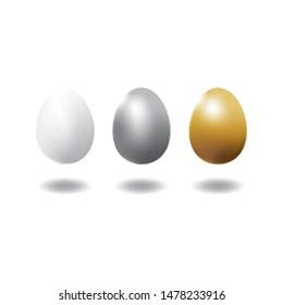 Set of silver, gold and brown chicken eggs. Isolated on white background with shadow. Ready to use for your design or business. Vector illustration.