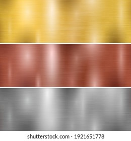 Set Of Silver Gold Copper Metal Background Texture, Metal Wide Textured Plate Brushed Gradient – Stock Vector