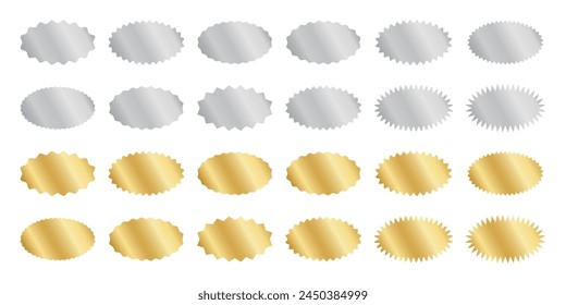 Set of silver and gold oval stickers with wavy borders. Metallic wiggly labels, badges, price tags, coupons, quality stickers shapes isolated on white background. Vector illustration.