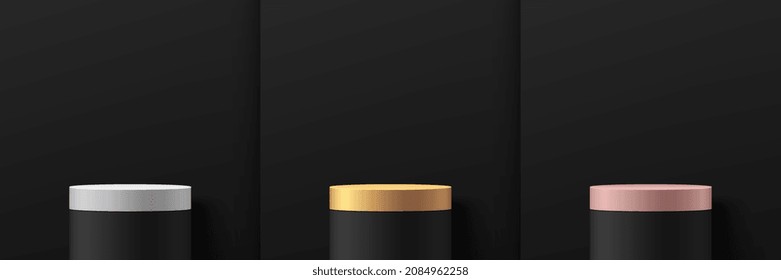 Juego de plata, oro, oro rosado y cilindro 3d realistas negro podio con sala de estudio abstracto. Lujo mínimo en la pared. Plataforma geométrica de representación vectorial. Presentación del producto.