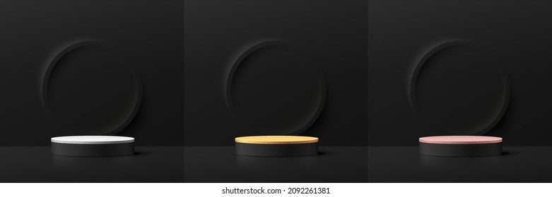 Set of silver, gold, pink gold and black realistic 3D cylinder pedestal podium in black abstract room with circle rings. Vector rendering geometric shape for product display. Luxury minimal scene.