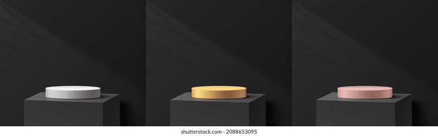 Set of silver, gold and pink gold realistic 3D cylinder pedestal on black cube podium with leaf shadow. Abstract vector rendering geometric shape. Product display presentation. Luxury minimal scene.