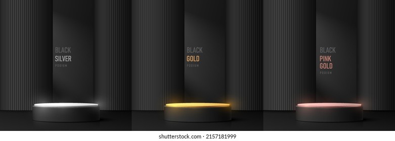 Set of silver, gold and pink gold realistic 3D cylinder podium with black pillar background. Abstract vector rendering geometric forms. Mockup product display. Luxury minimal scene. Stage showcase.