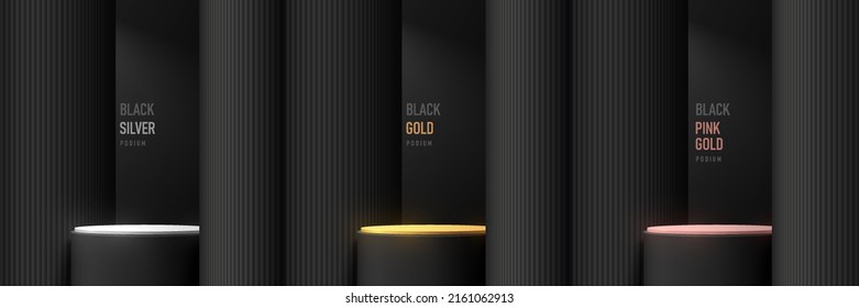 Set of silver, gold, pink gold realistic 3D cylinder stand podium with black pillar background. Abstract vector rendering geometric forms. Mockup product display. Luxury minimal scene. Stage showcase.