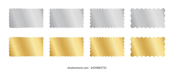 Set of silver and gold rectangle stickers with wavy borders. Shining rectangular labels, badges, price tags, coupons, promo codes, jackpot tickets templates with undulate edges. Vector illustration.