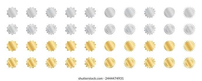 Set of silver and gold round stickers with wavy borders. Shining wiggly labels, quality badges, price tags, stamps, sale offer shapes isolated on white background. Vector illustration.