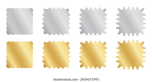 Set of silver and gold square stickers with wiggle borders. Shining labels, badges, price tags, coupons, stamps undulate shapes isolated on white background. Vector illustration.