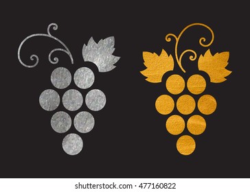 Set of silver and gold textured grapes logo. Luxury wine or vine logotype icon. Brand design element for organic wine, wine list, menu, liquor store, selling alcohol, wine company. Vector illustration