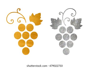 Set of silver and gold textured grapes logo. Luxury wine or vine logotype icon. Brand design element for organic wine, wine list, menu, liquor store, selling alcohol, wine company. Vector illustration