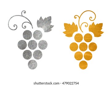 Set of silver and gold textured grapes logo. Luxury wine or vine logotype icon. Brand design element for organic wine, wine list, menu, liquor store, selling alcohol, wine company. Vector illustration