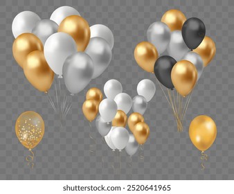 Satz von Ballons in Silber, Gold und Weiß einzeln auf transparentem Hintergrund. Vektorgrafik