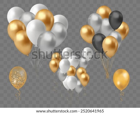 Set of silver, gold and white balloons isolated on transparent background. Vector illustration
