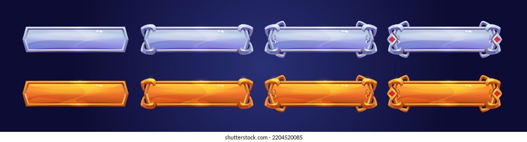 Set of silver and golden rank frames for game isolated on blue background. Cartoon vector illustration of yellow and grey plank bars decorated with cast iron ornament and red gemstone. Gui elements