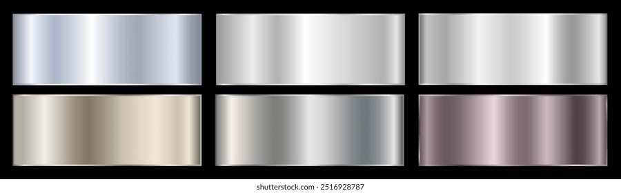 Set with silver gradients on a black background. A palette of colors for the design, a collection of high-quality ingredients. Metallic texture, shiny background. Vector EPS 10.