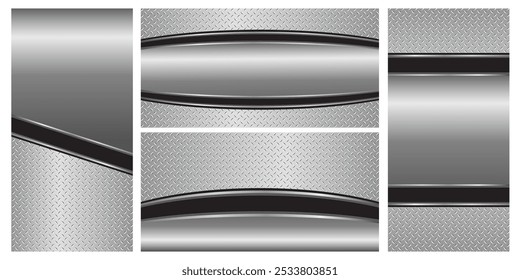 Conjunto de fondos de metal gris plateado, 3D pulido cromo metálico y brillante placa de diamante textura, Ilustración vectorial 