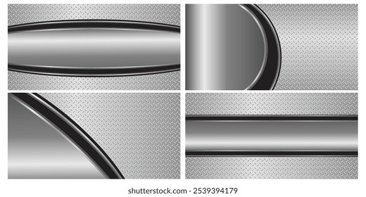 Set of silver gray metal backgrounds, 3D polished chrome metallic and shiny diamond plate texture, vector illustration 