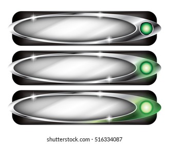 A set of silver and green vector buttons