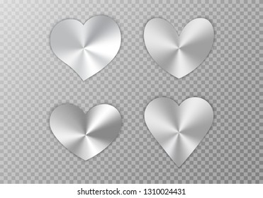 A set of silver hearts with a conical metallic gradient for a romantic design of congratulations for Valentine's Day, the design of cards for Mother's Day, March 8 and birthday. Vector illustration 