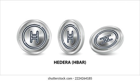 Set of silver Hedera (HBAR) coin. 3D isometric Physical coins. Digital currency. Cryptocurrency. Silver coin with bitcoin, ripple, ethereum symbol isolated on white background. Vector illustration.