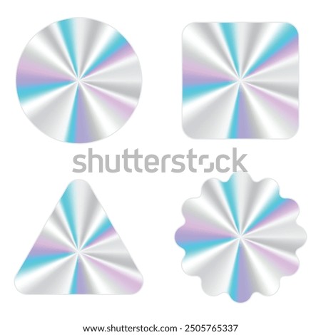 Set of silver holographic sticker. Holographic sticker quality emblem. Shiny rainbow emblem. Symbol of certification product. Vector illustration