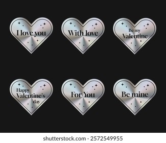 Set of Silver holographic stickers in the shape of a heart. With inscriptions of love for valentine's day. Valentine's Day stickers. Vector illustration EPS10