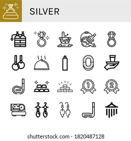 Set of silver icons. Such as Diamond ring, Oxygen tank, Paint bucket, Wedding ring, Rings, Cloche, Ring, Serve, Golf stick, Gold, Gold medal, Silver medal, Slicer , silver icons