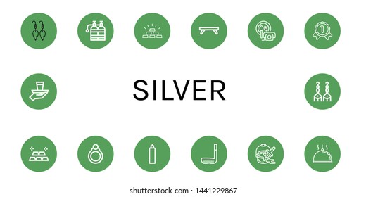 Set of silver icons such as Earrings, Oxygen tank, Gold, Breakfast tray, Room service, Gold medal, Ring, Golf stick, Paint bucket, Cloche, Serve , silver