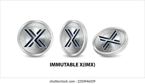 Set of silver ImmutableX (IMX) coin. 3D isometric Physical coins. Digital currency. Cryptocurrency. Silver coin with bitcoin, ripple, ethereum symbol isolated on white background. Vector illustration.